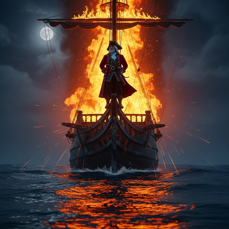 Close-up of Pirate Ship with Captain and Blazing Mast Close-up of Pirate Ship with Captain and Blazing Mast