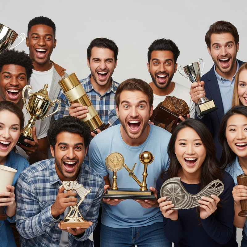 Joyous 20-Year-Olds Holding Diverse Prizes | Happy Group Photo Joyous 20-Year-Olds Holding Diverse Prizes | Happy Group Photo