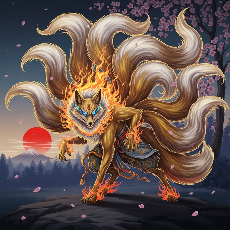 Majestic Nine-Tailed Fox Ukiyo-e Art Majestic Nine-Tailed Fox Ukiyo-e Art