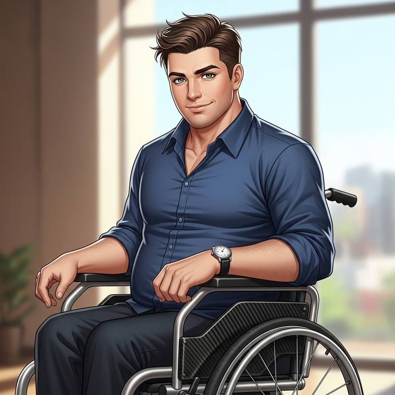 Charming Man with Brown Hair and Green Eyes in Wheelchair - Detailed Illustration Charming Man with Brown Hair and Green Eyes in Wheelchair - Detailed Illustration