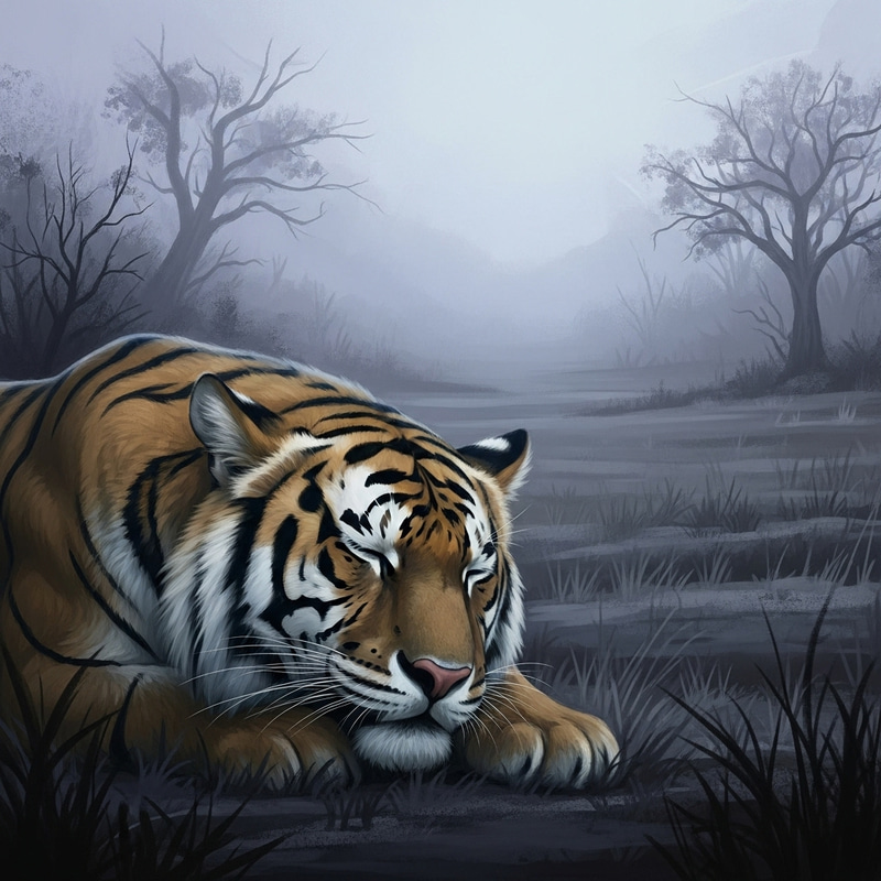 Peaceful Tiger Sleeping in Dreamlike Landscape Peaceful Tiger Sleeping in Dreamlike Landscape