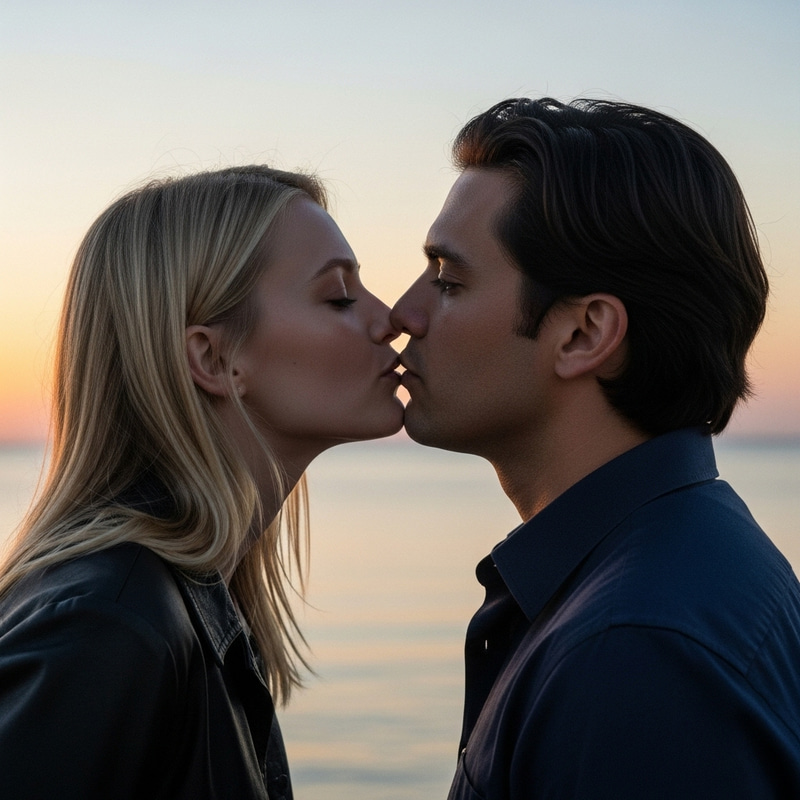 Tender Moment Captured in Time: Intimate Twilight Kiss Tender Moment Captured in Time: Intimate Twilight Kiss