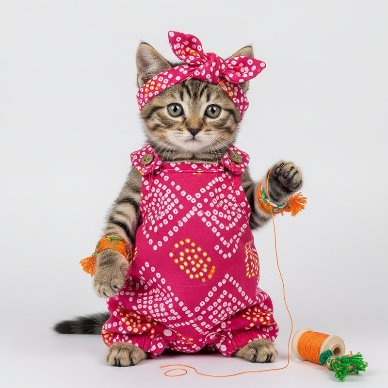 Adorable Kitten in Pink Tank Top with Indian Print