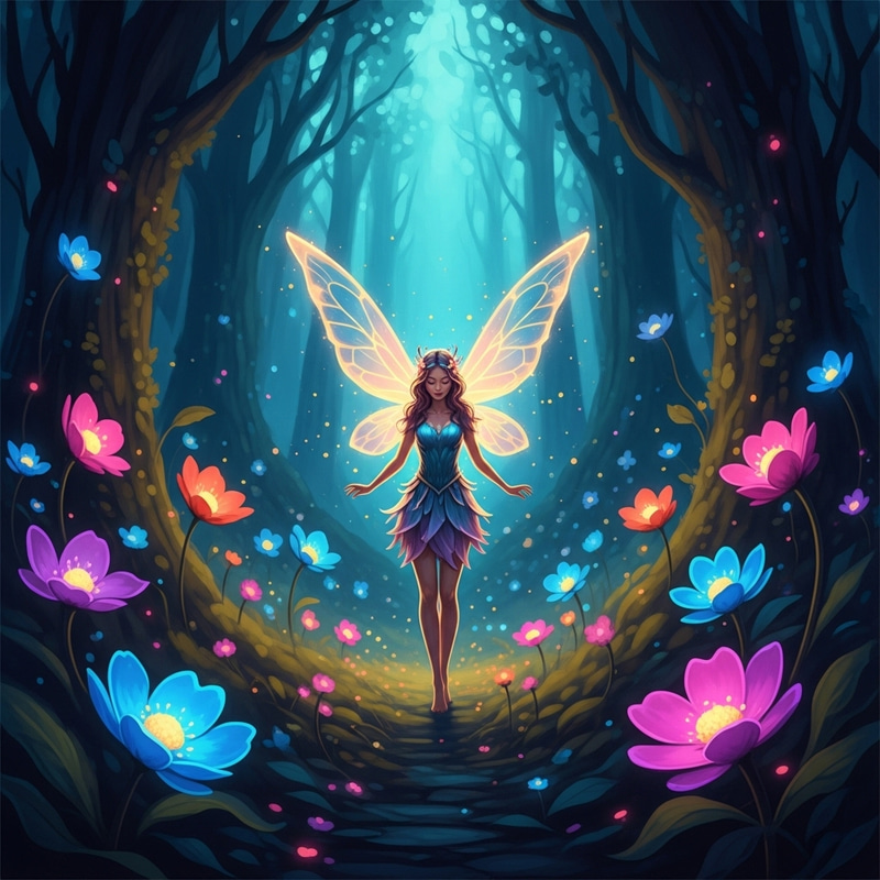 Enchanted Forest Fairy Among Glowing Flowers and Shimmering Lights Enchanted Forest Fairy Among Glowing Flowers and Shimmering Lights