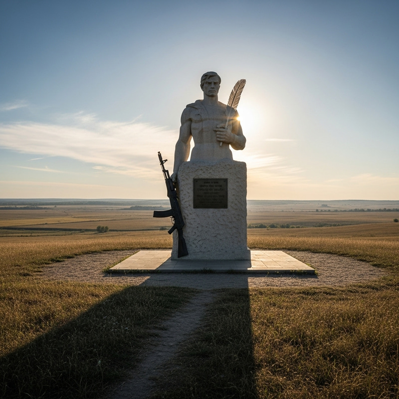 Surreal Monument of Pushkin with AK-47 in Ukrainian Steppe