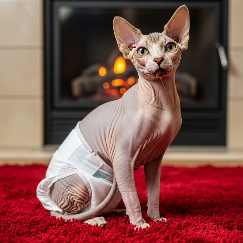 Cute Sphynx Cat in White Diaper Relaxing by the Fireplace Cute Sphynx Cat in White Diaper Relaxing by the Fireplace