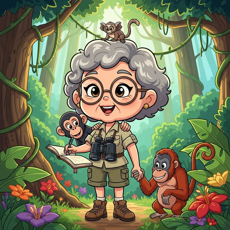 Chibi Pixar Style Illustration of Jane Goodall with Friendly Primates