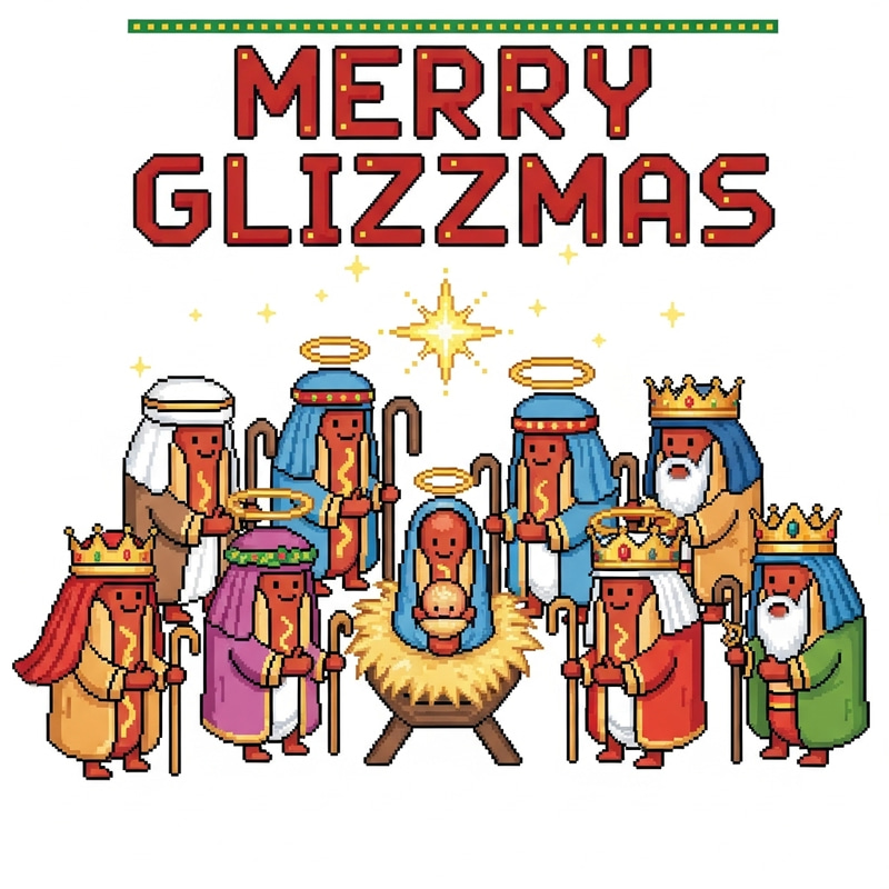 Dynamic Pixel Art Nativity Scene with Baby Hot Dog in Pixelated Bun Manger