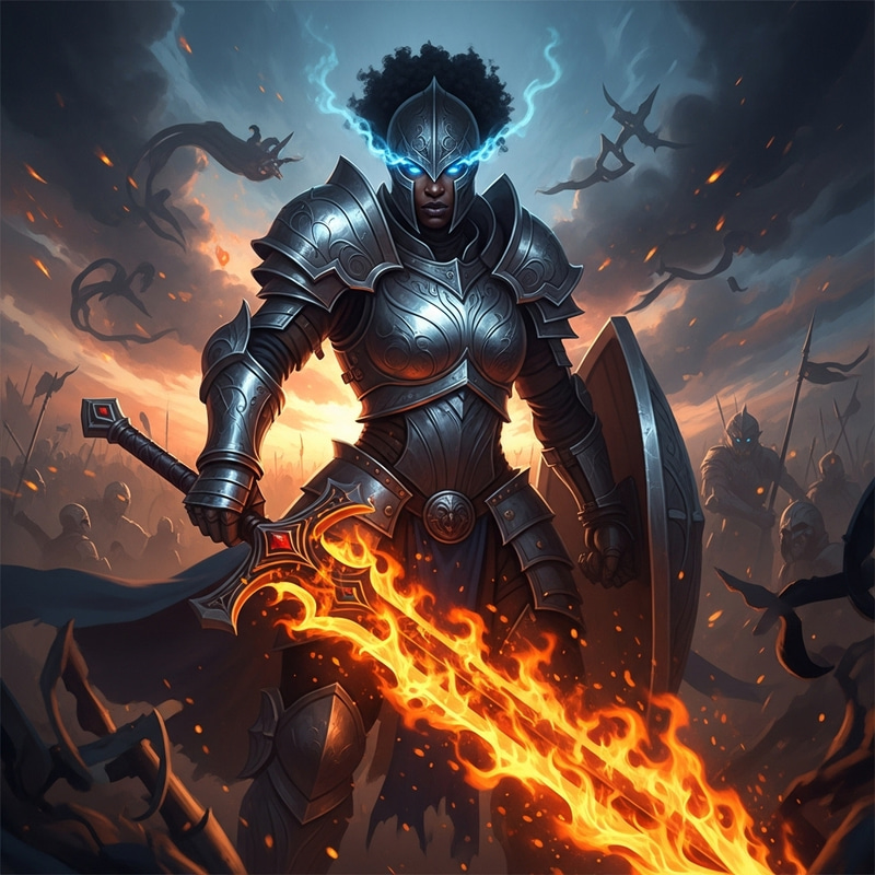 Intrepid Black Female Warrior with Flaming Sword | Abstract High Fantasy Scene