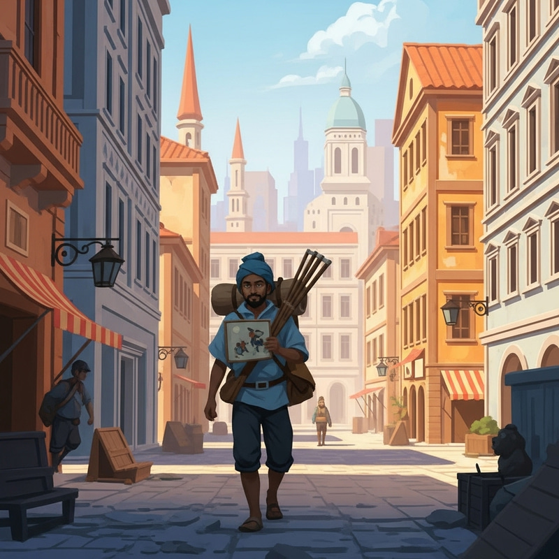 Renaissance Style Town with Nomadic Artist: Vibrant Colors and Old-World Charm Renaissance Style Town with Nomadic Artist: Vibrant Colors and Old-World Charm