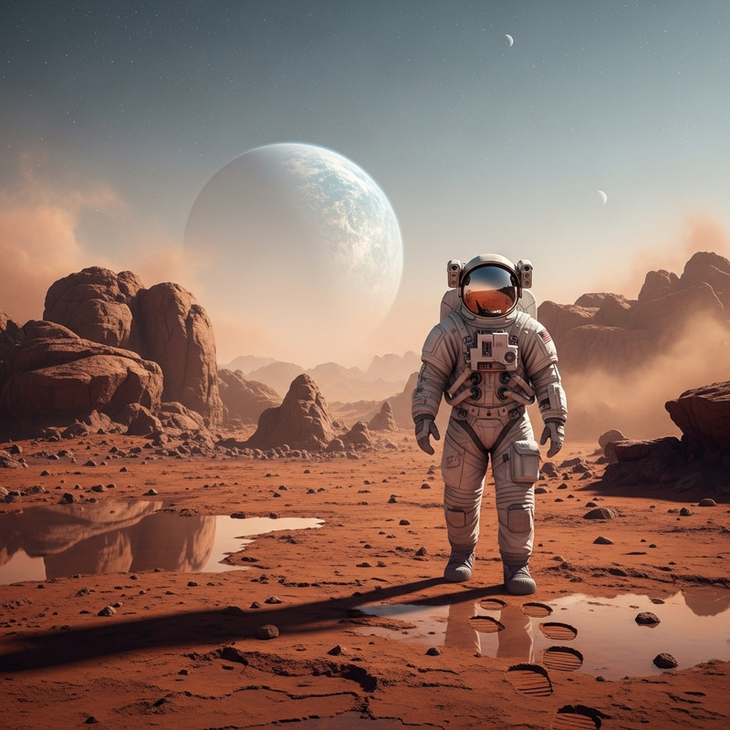 Astronaut Walking on Mars: Enigmatic Surface Exploration