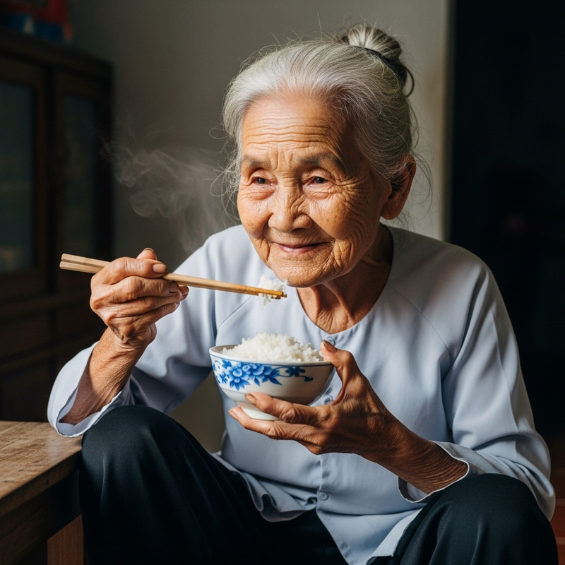 Elderly Vietnamese Woman Eating Bowl of Rice | Authentic Moment Elderly Vietnamese Woman Eating Bowl of Rice | Authentic Moment
