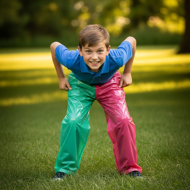 Playful Ten-Year-Old Boy in Vibrant Plastic Pants | Whimsical Outdoor Portrait