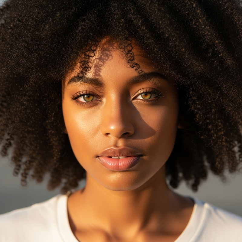 Gleaming Dark-Skinned Woman with Sunlit Hazel Green Eyes