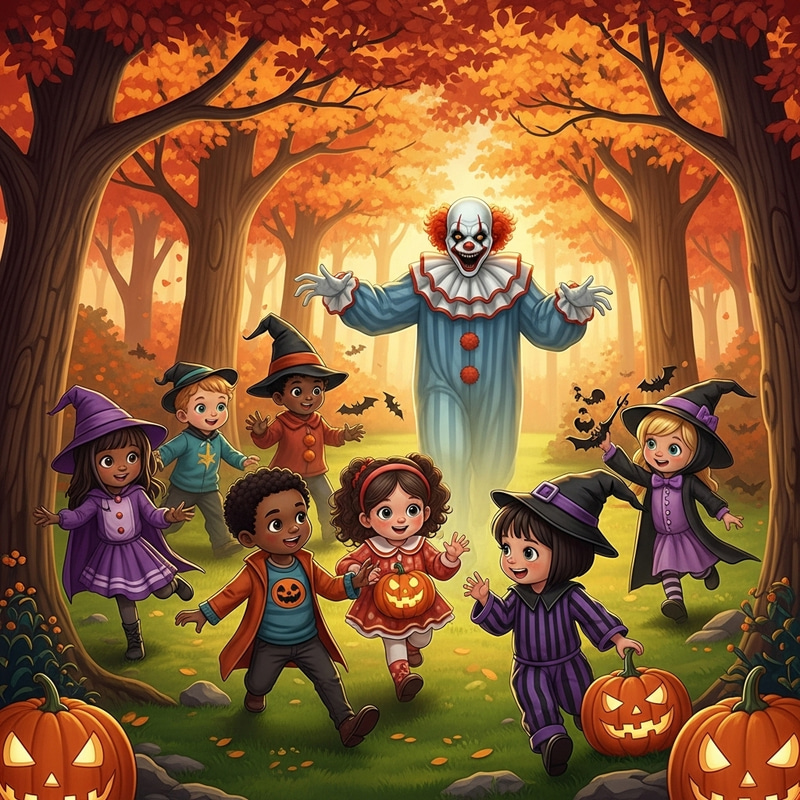 Vibrant Halloween Scene: Playful Kids, Colorful Trees & Clown Vibrant Halloween Scene: Playful Kids, Colorful Trees & Clown