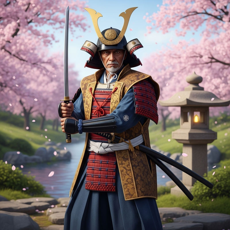Master Samurai Warrior in Tranquil Japanese Garden