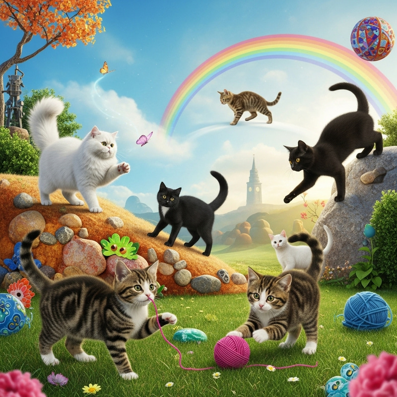 Whimsical Cats Playing in Dreamy Childhood Memories Whimsical Cats Playing in Dreamy Childhood Memories