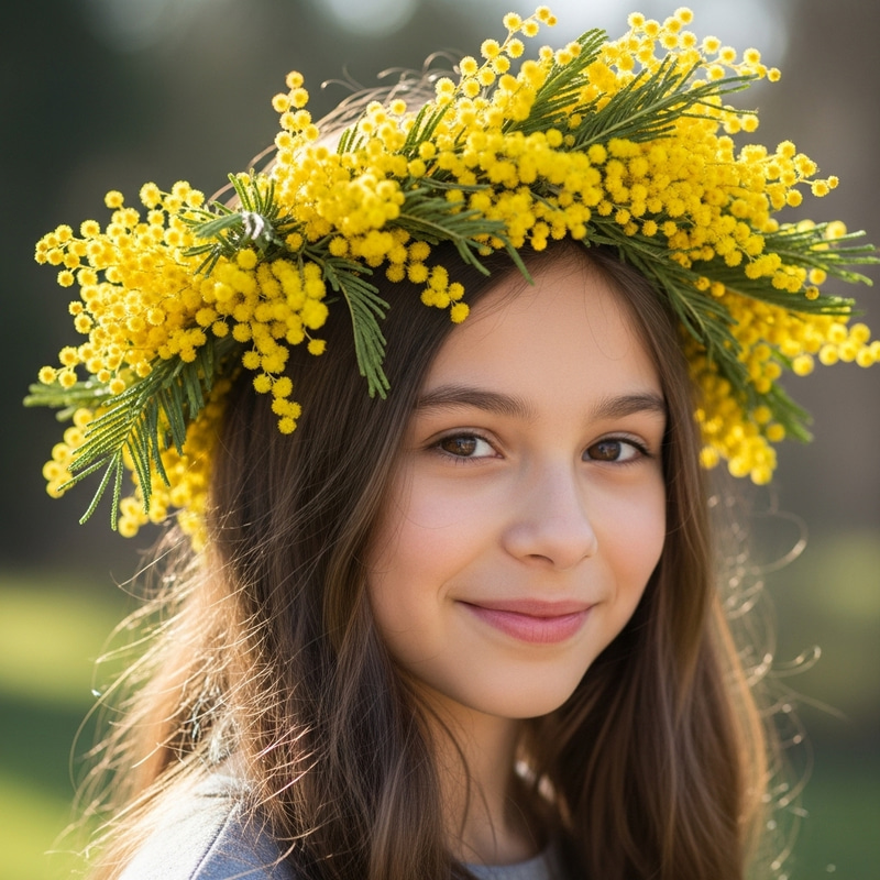 Girl with Mimosa Flower Crown - Spring Floral Headpiece Girl with Mimosa Flower Crown - Spring Floral Headpiece