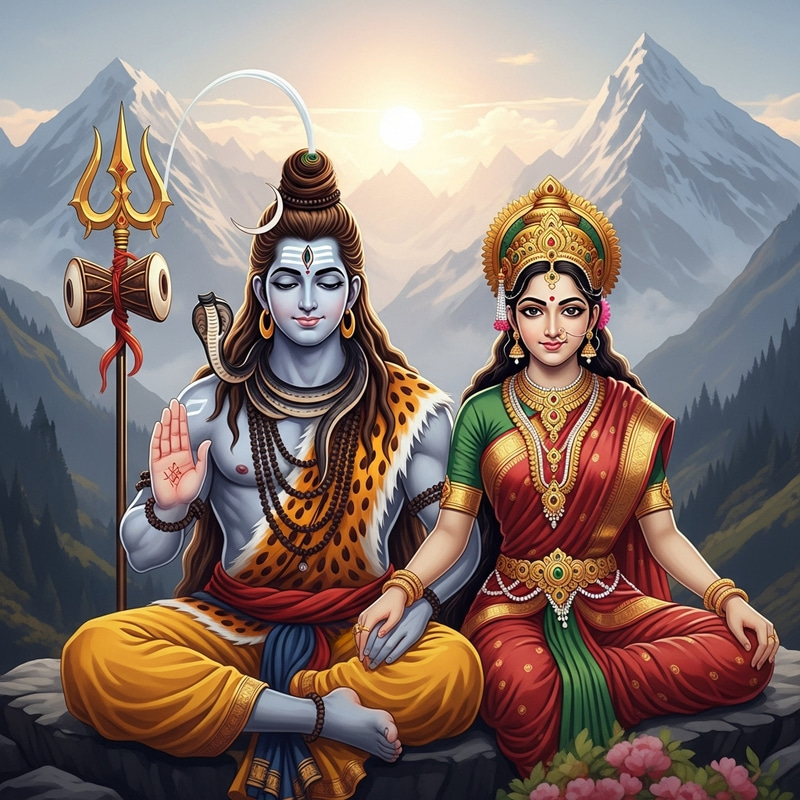 Artistic Representation of Hindu Deities Shiva and Parvathi in Himalaya - Ethereal Scene Artistic Representation of Hindu Deities Shiva and Parvathi in Himalaya - Ethereal Scene