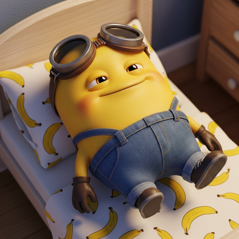 Cute Little Minion in Bed - Joyful Scene with Banana Sheets