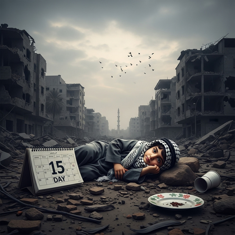 Poignant Scene: Middle Eastern Child Amidst Debris with Calendar | 15 DAY Poignant Scene: Middle Eastern Child Amidst Debris with Calendar | 15 DAY