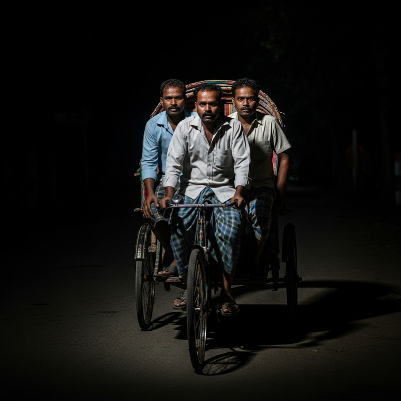 Eerie Night Ride: South Asian Men on Cycle Rickshaw in Horror Setting