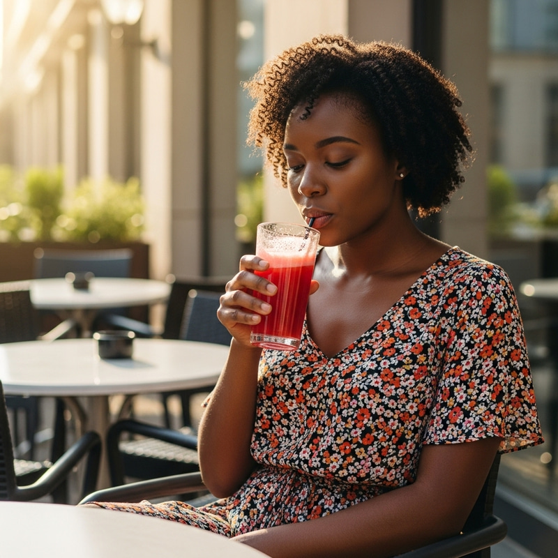 Tranquil Afternoon: Black Woman Savoring Fresh Juice at Cafe Patio Tranquil Afternoon: Black Woman Savoring Fresh Juice at Cafe Patio