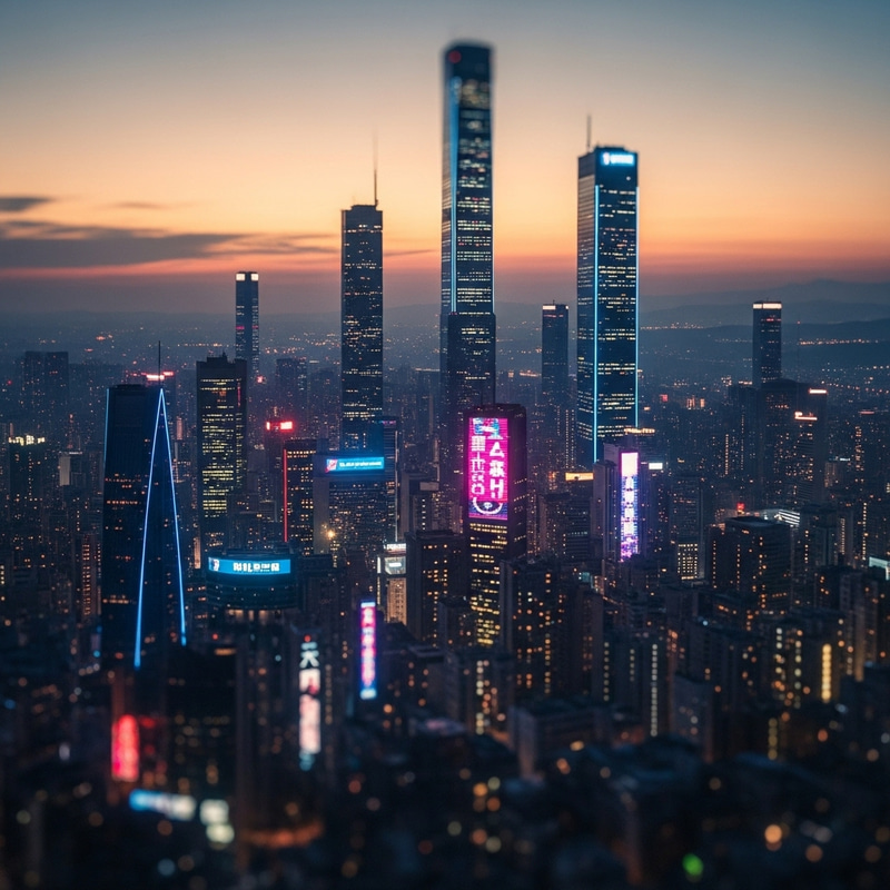 Futuristic Cyberpunk Sunset Cityscape with Neon Lights | Miniature Effect