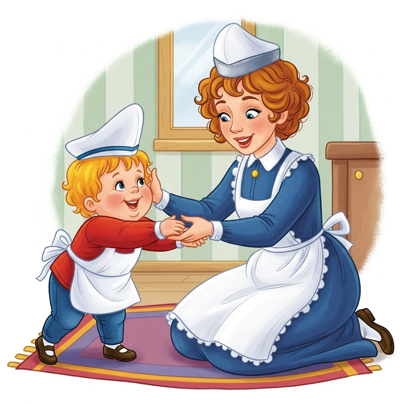 Joyful Caucasian Nanny Playing with Child | Colorful Children's Book Style