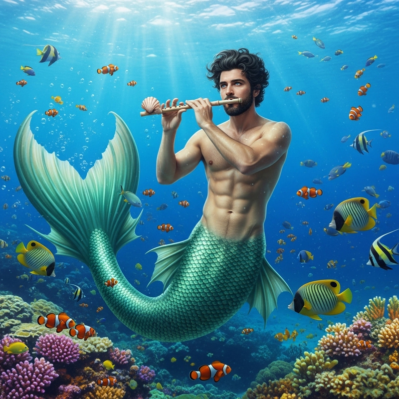 Enchanting Merman Playing Seashell Flute in Coral Reef Enchanting Merman Playing Seashell Flute in Coral Reef