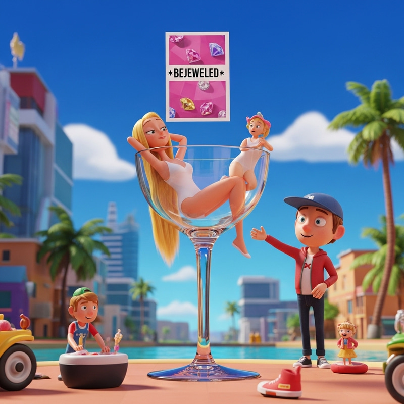 Blonde Woman in White Swimsuit Inside Champagne Glass - Bejeweled Scene Blonde Woman in White Swimsuit Inside Champagne Glass - Bejeweled Scene