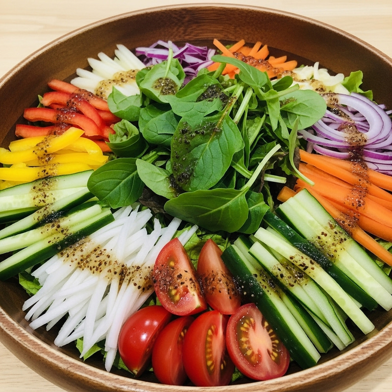 Aesthetic Vegetable Salad in Wooden Bowl with Vibrant Dressing