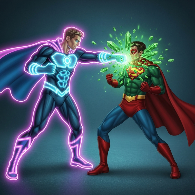 Neon Superhero Punching Classic Superhero with Kryptonite Hand