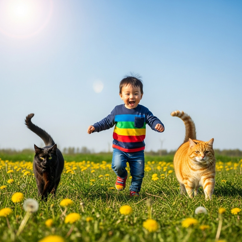 Kid Running with Cats | Playful Outdoor Fun Kid Running with Cats | Playful Outdoor Fun