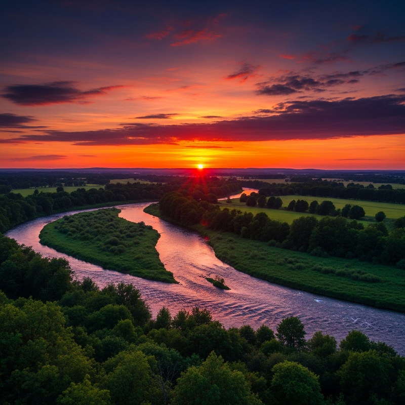 Tranquil Green Landscape with Flowing Rivers at Sunset Tranquil Green Landscape with Flowing Rivers at Sunset