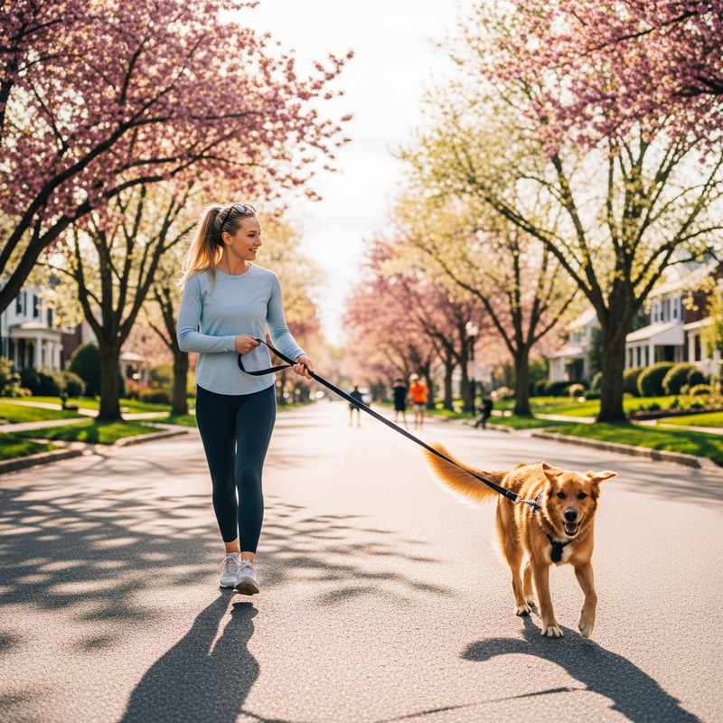 Blonde Woman Walking Dog in Sunny Neighborhood Blonde Woman Walking Dog in Sunny Neighborhood