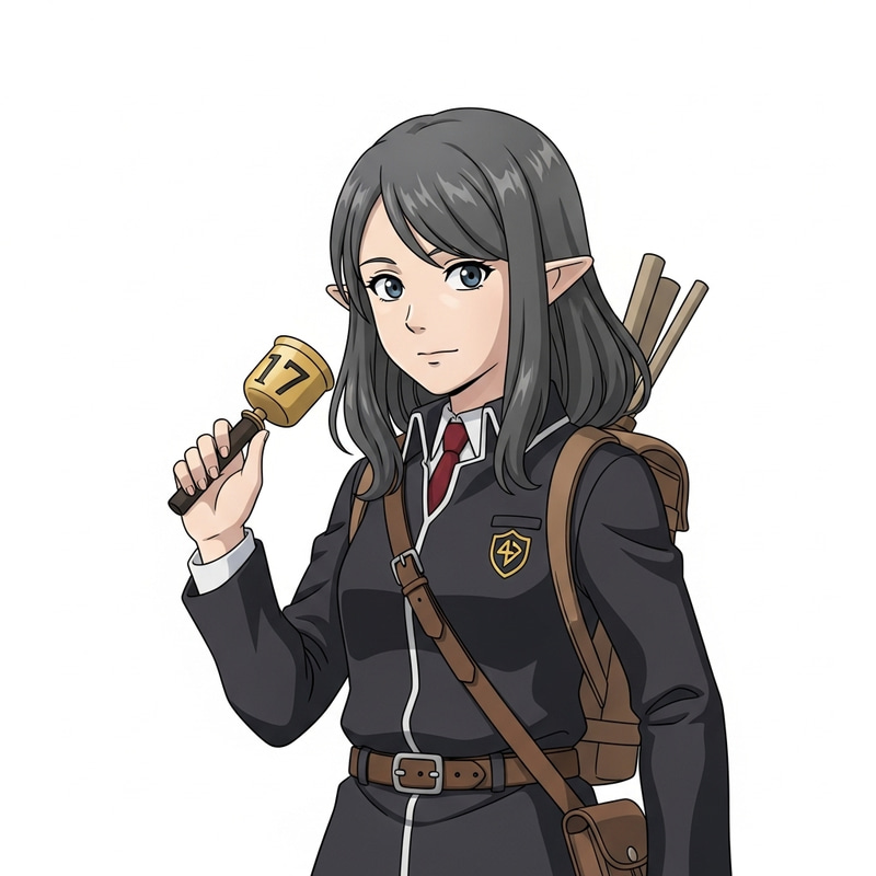 17-Year-Old Dark Gray Haired Female in Anime Delvers Uniform