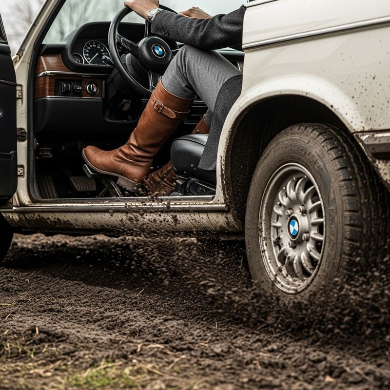 Woman Driving Old BMW in Mud with Spinning Tires Woman Driving Old BMW in Mud with Spinning Tires