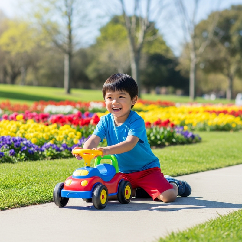 Happy Child Playing with Toy Car Outdoors