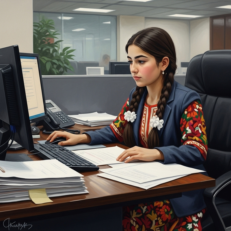 Oil Painting of a Tajik Girl at Workplace in Corporate Setting Oil Painting of a Tajik Girl at Workplace in Corporate Setting