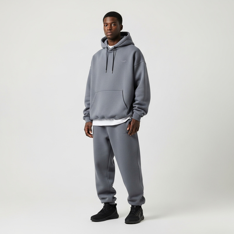 Men's Oversized Sporty Hooded Suit on Model Men's Oversized Sporty Hooded Suit on Model
