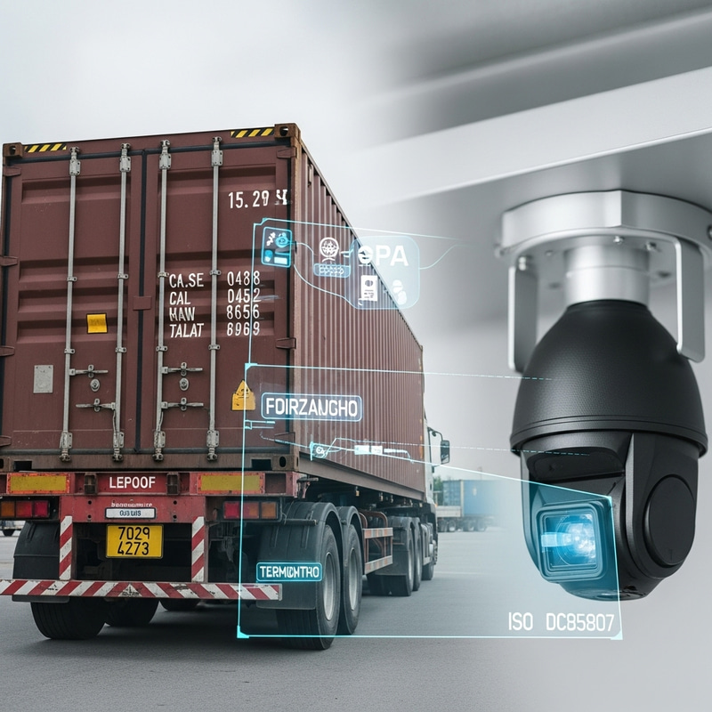 High-Tech CCTV Camera Detecting License Plate & Container Isocode on Truck