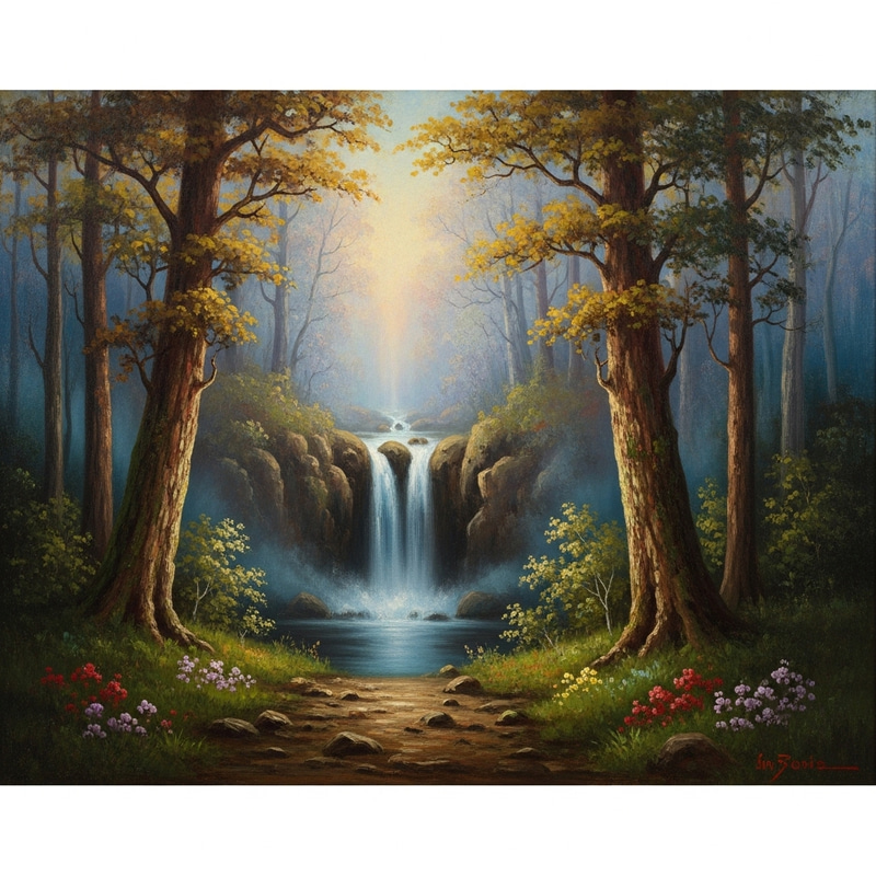 Mystical Forest with Hidden Waterfall - Vibrant Nature Art and Dreamlike Serenity