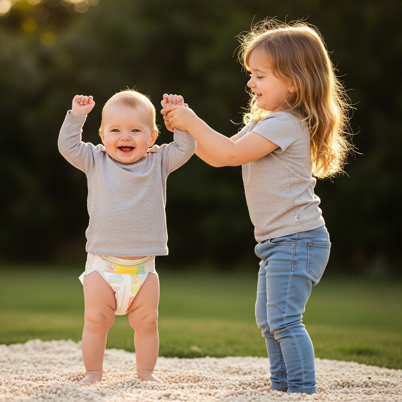Sweet Interaction: Young Girl in Wet Diaper Delighted by Sister Sweet Interaction: Young Girl in Wet Diaper Delighted by Sister