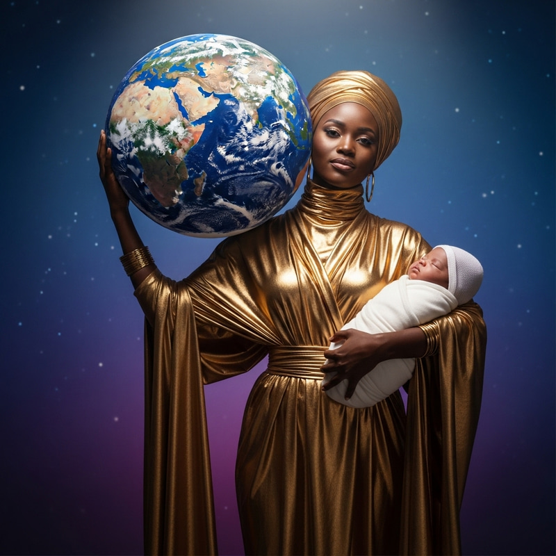Empowering Black Woman in Gold Modern Outfit with World and Baby Empowering Black Woman in Gold Modern Outfit with World and Baby