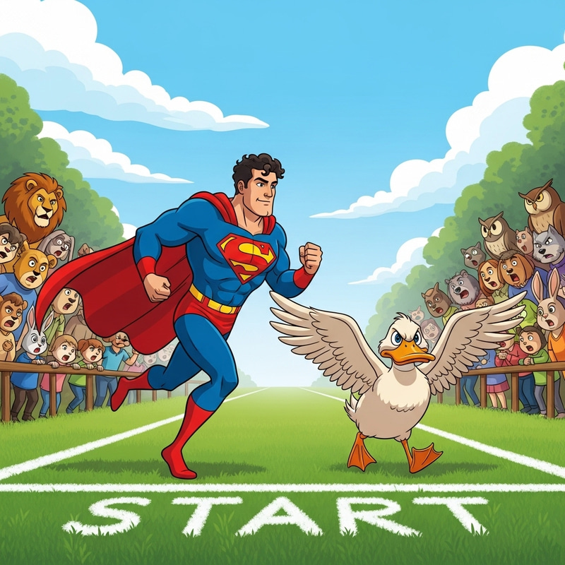 Duck Racing with Superman in Cartoon Scene Duck Racing with Superman in Cartoon Scene