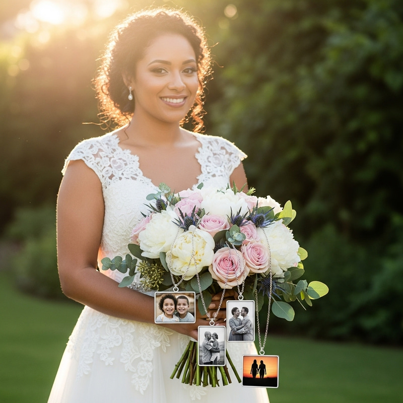 Bride with Bouquet and Photo Charms for Wedding Bride with Bouquet and Photo Charms for Wedding