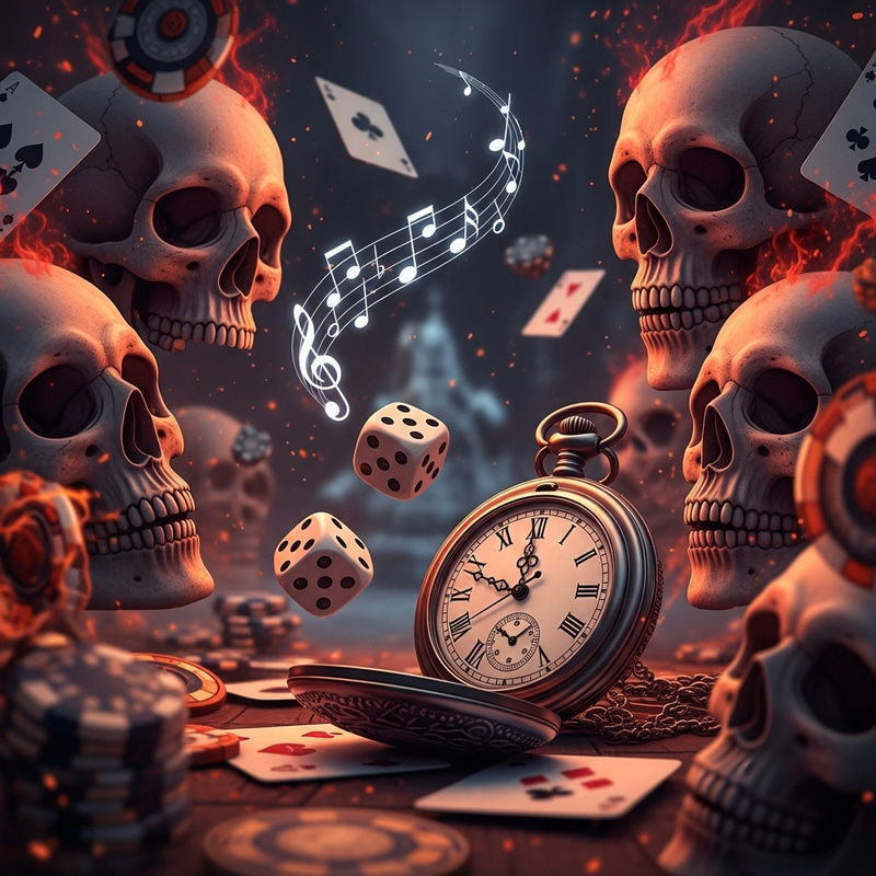 Mystique Scene: Haunting Skulls, Gambling & Music Notes Mystique Scene: Haunting Skulls, Gambling & Music Notes