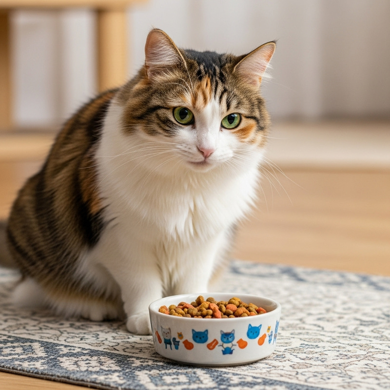 Cute Calico Cat Eating Food - Colorful Mealtime Scene