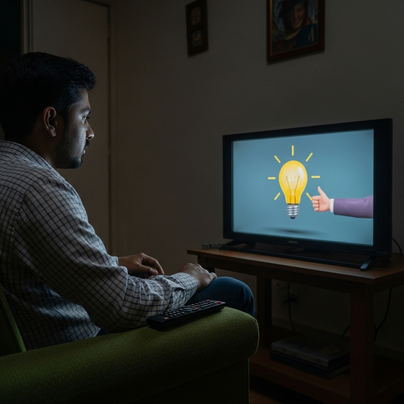 Provocative Image: South-Asian Man Enthralled by TV Light Bulb Provocative Image: South-Asian Man Enthralled by TV Light Bulb